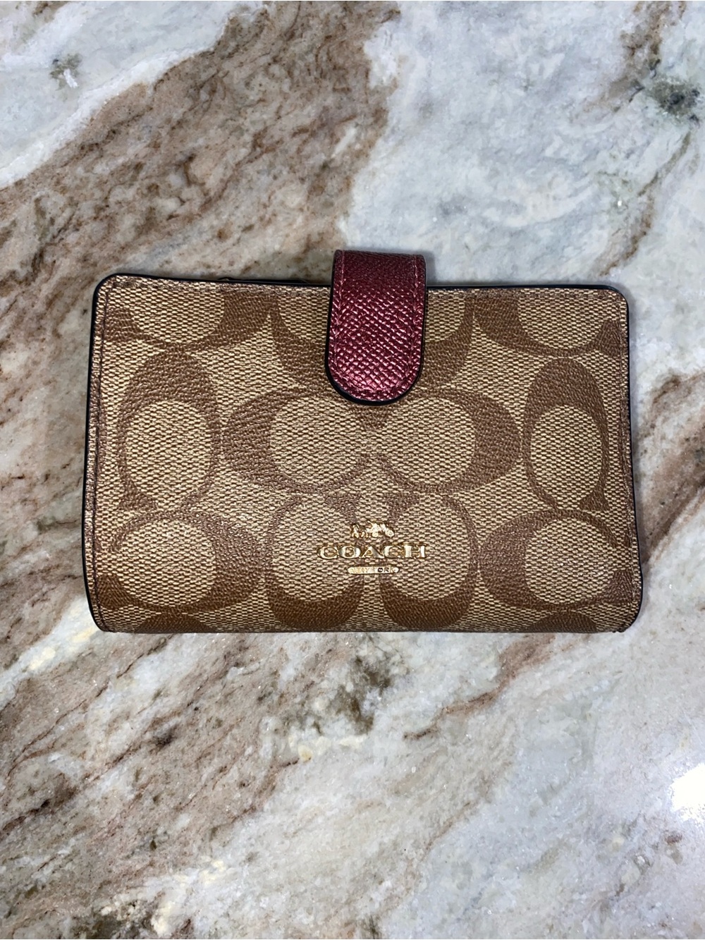 Coach Brown Signature Canvas Wallet with Red Snap Tab
